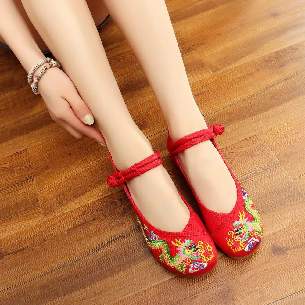 Qhome Womens Chinese Traditional Dragon Embroidery Flats Cheongsam Walking Mary Jane Shoes