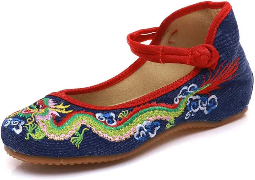 Qhome Womens Chinese Traditional Dragon Embroidery Flats Cheongsam Walking Mary Jane Shoes