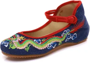 Qhome Womens Chinese Traditional Dragon Embroidery Flats Cheongsam Walking Mary Jane Shoes