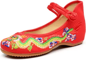Qhome Womens Chinese Traditional Dragon Embroidery Flats Cheongsam Walking Mary Jane Shoes