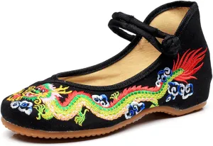 Qhome Womens Chinese Traditional Dragon Embroidery Flats Cheongsam Walking Mary Jane Shoes