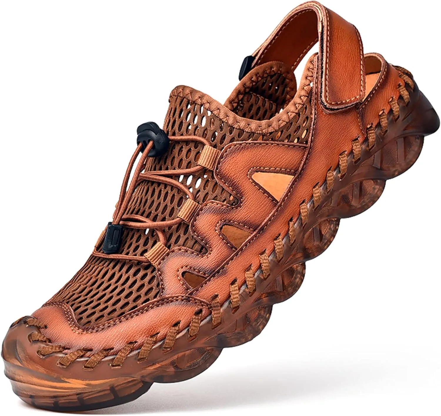 Qiucdzi Mens Closed Toe Sandals, Sport Sandals Casual Leather Handmade Sandals Adjustable Fisherman Beach Sandals For Outdoor Walking Driving