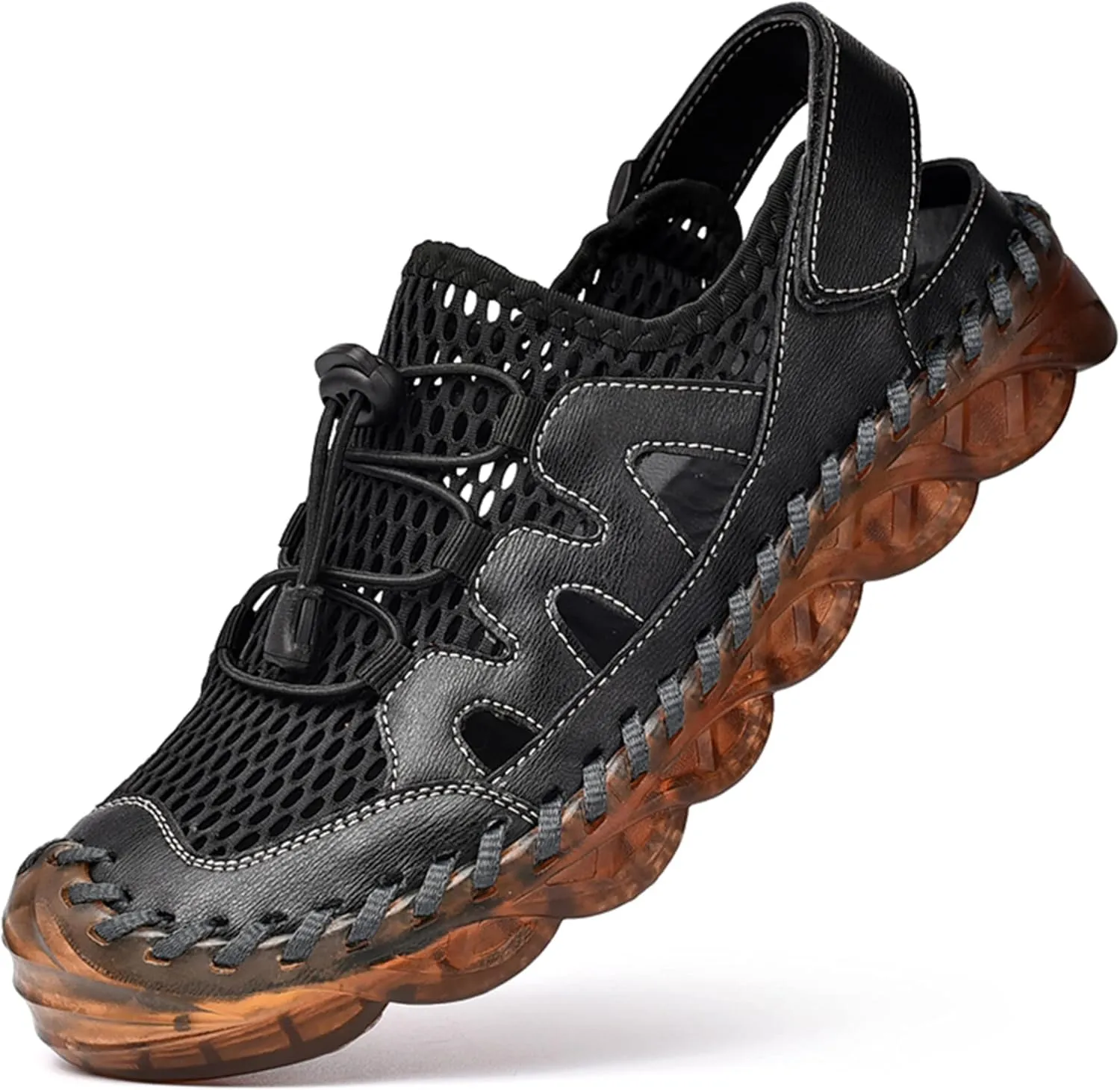 Qiucdzi Mens Closed Toe Sandals, Sport Sandals Casual Leather Handmade Sandals Adjustable Fisherman Beach Sandals For Outdoor Walking Driving