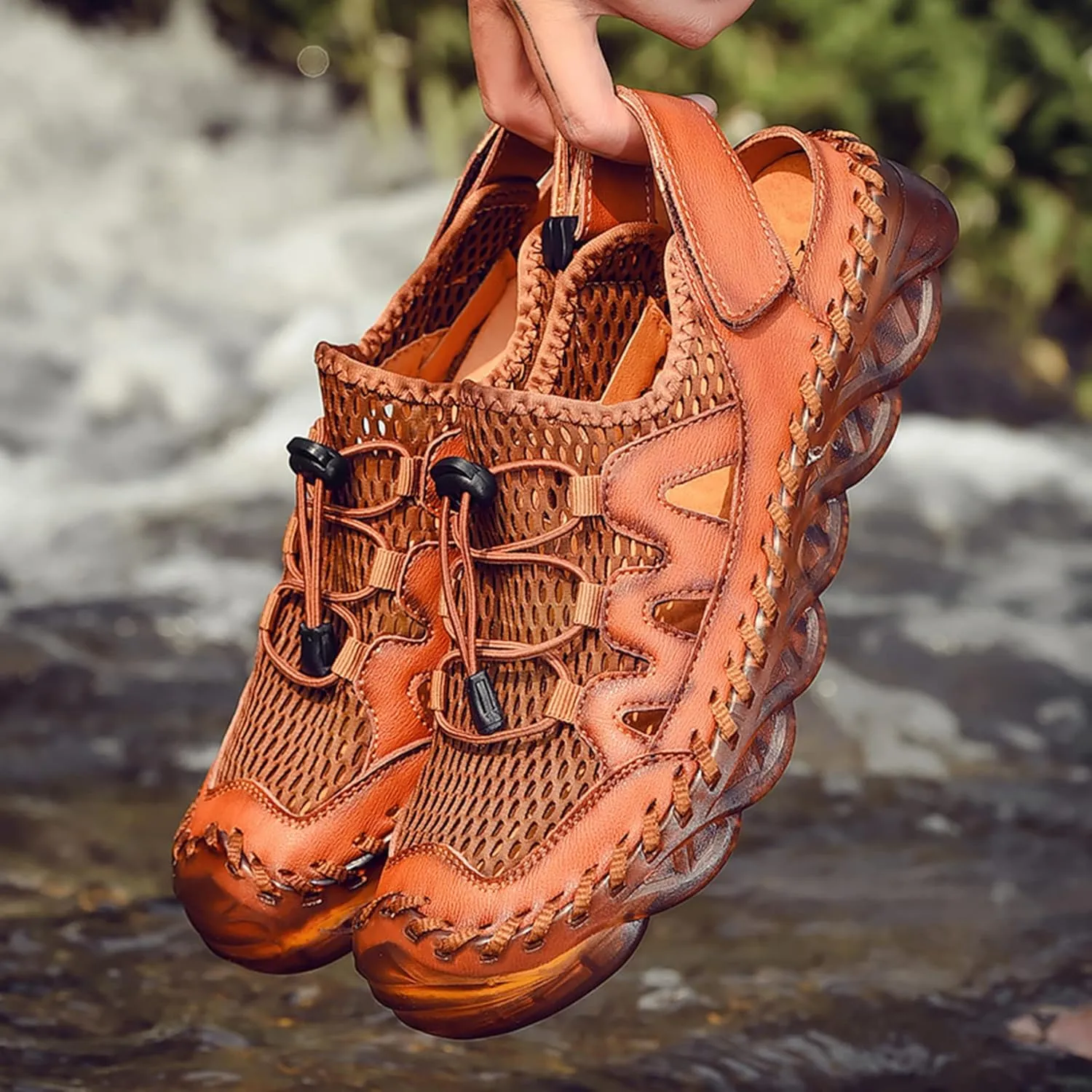 Qiucdzi Mens Closed Toe Sandals, Sport Sandals Casual Leather Handmade Sandals Adjustable Fisherman Beach Sandals For Outdoor Walking Driving