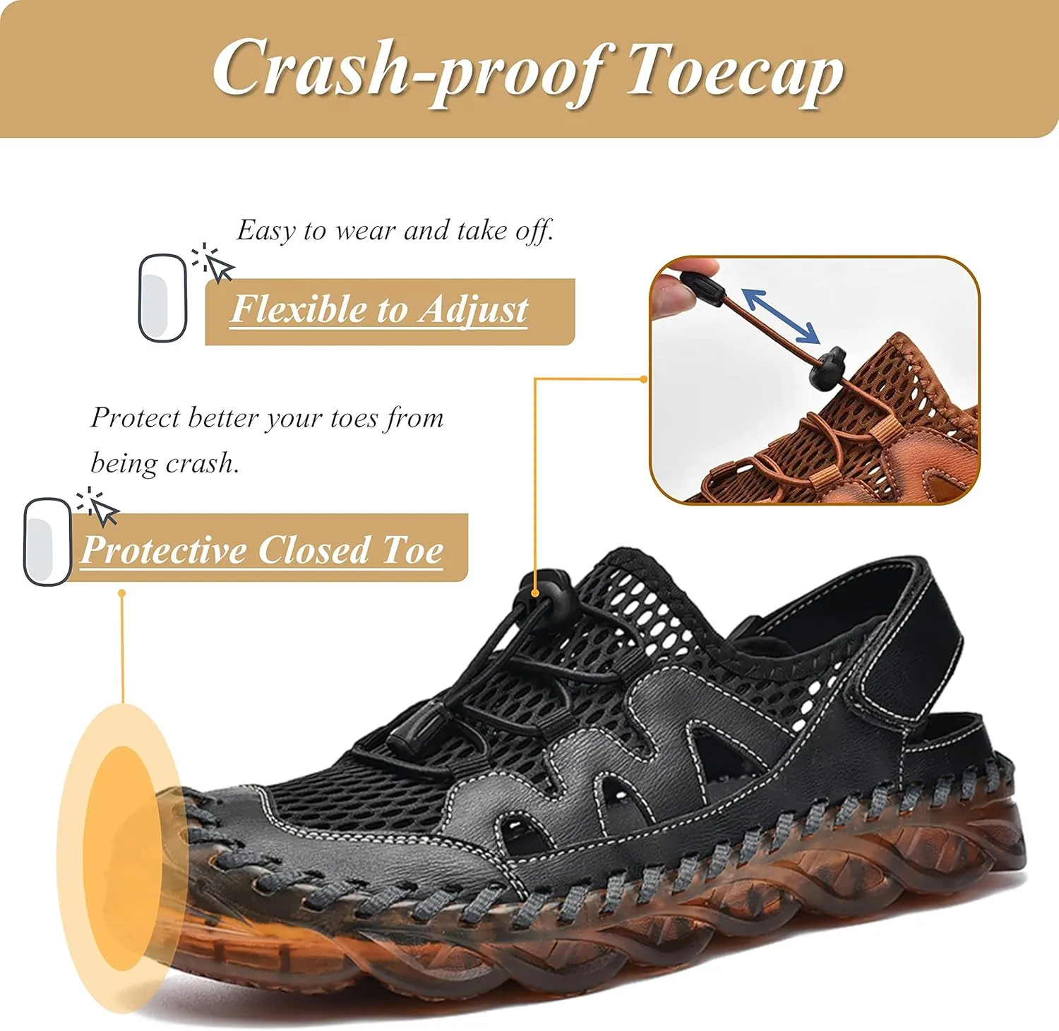 Qiucdzi Mens Closed Toe Sandals, Sport Sandals Casual Leather Handmade Sandals Adjustable Fisherman Beach Sandals For Outdoor Walking Driving
