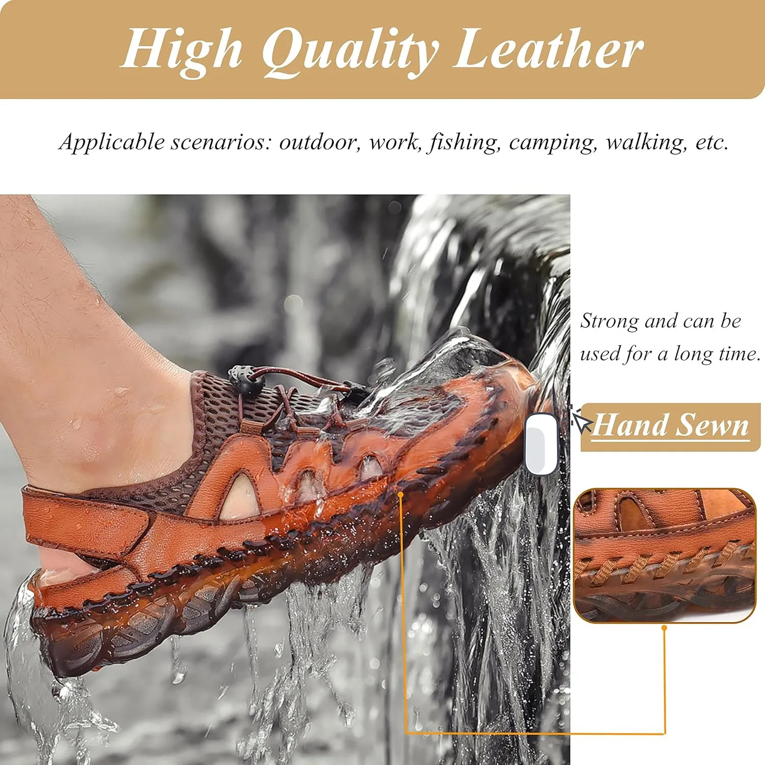 Qiucdzi Mens Closed Toe Sandals, Sport Sandals Casual Leather Handmade Sandals Adjustable Fisherman Beach Sandals For Outdoor Walking Driving