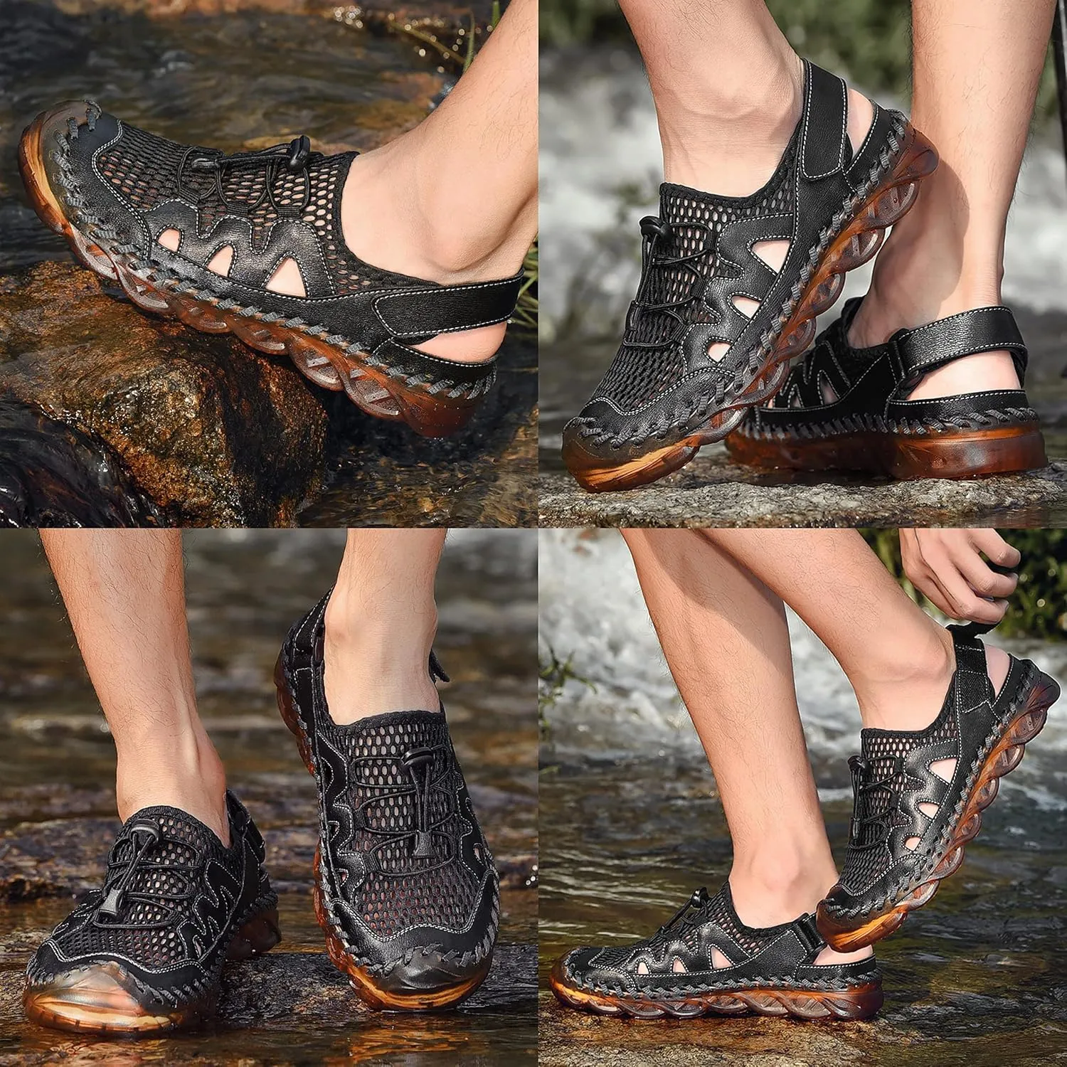 Qiucdzi Mens Closed Toe Sandals, Sport Sandals Casual Leather Handmade Sandals Adjustable Fisherman Beach Sandals For Outdoor Walking Driving