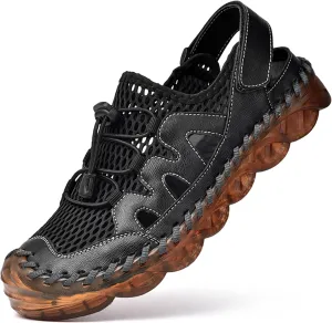 Qiucdzi Mens Closed Toe Sandals, Sport Sandals Casual Leather Handmade Sandals Adjustable Fisherman Beach Sandals For Outdoor Walking Driving