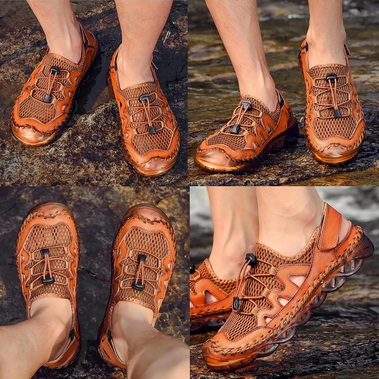 Qiucdzi Mens Closed Toe Sandals, Sport Sandals Casual Leather Handmade Sandals Adjustable Fisherman Beach Sandals For Outdoor Walking Driving