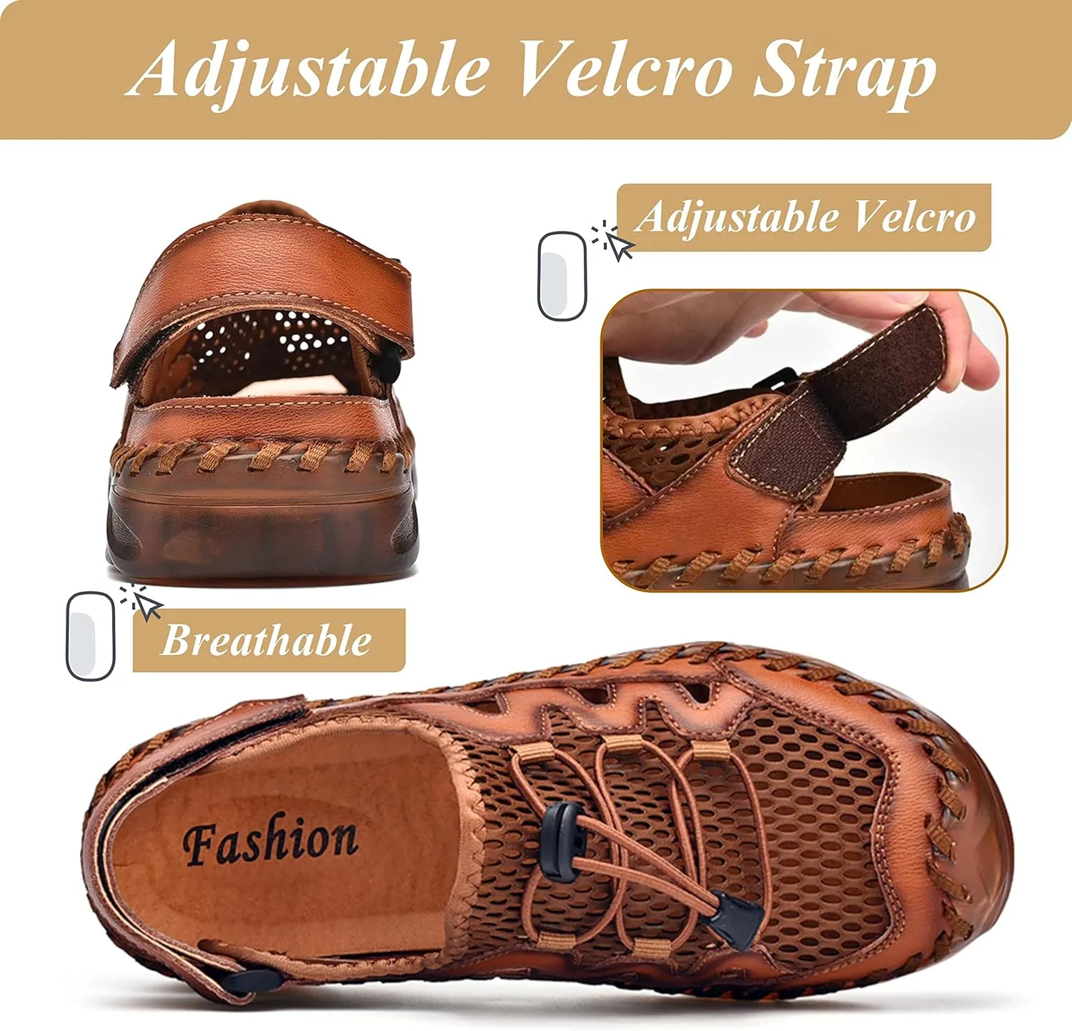 Qiucdzi Mens Closed Toe Sandals, Sport Sandals Casual Leather Handmade Sandals Adjustable Fisherman Beach Sandals For Outdoor Walking Driving