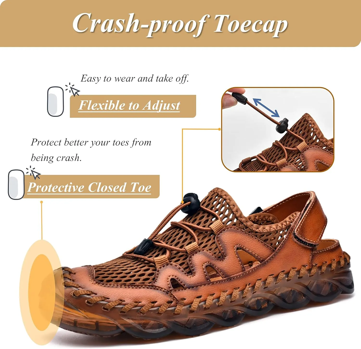 Qiucdzi Mens Closed Toe Sandals, Sport Sandals Casual Leather Handmade Sandals Adjustable Fisherman Beach Sandals For Outdoor Walking Driving