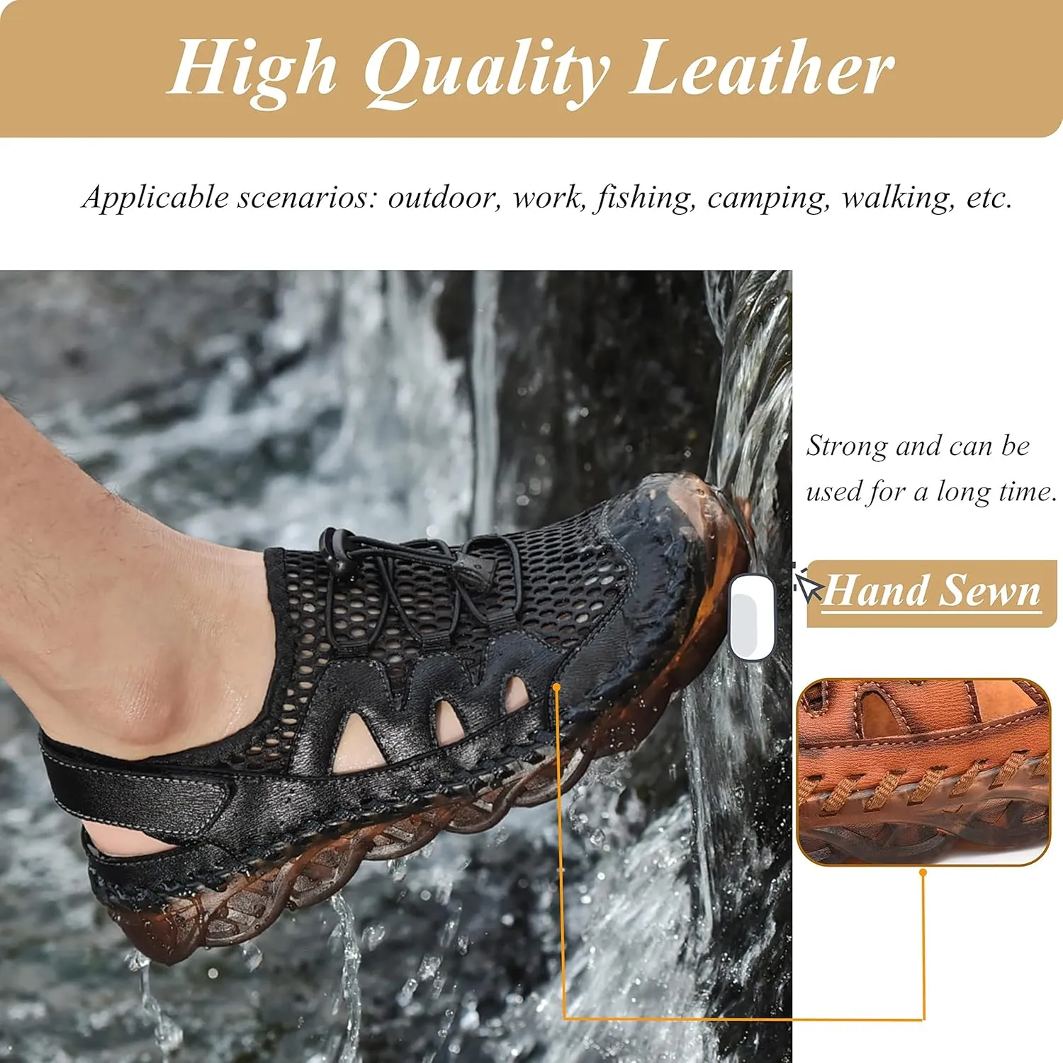 Qiucdzi Mens Closed Toe Sandals, Sport Sandals Casual Leather Handmade Sandals Adjustable Fisherman Beach Sandals For Outdoor Walking Driving