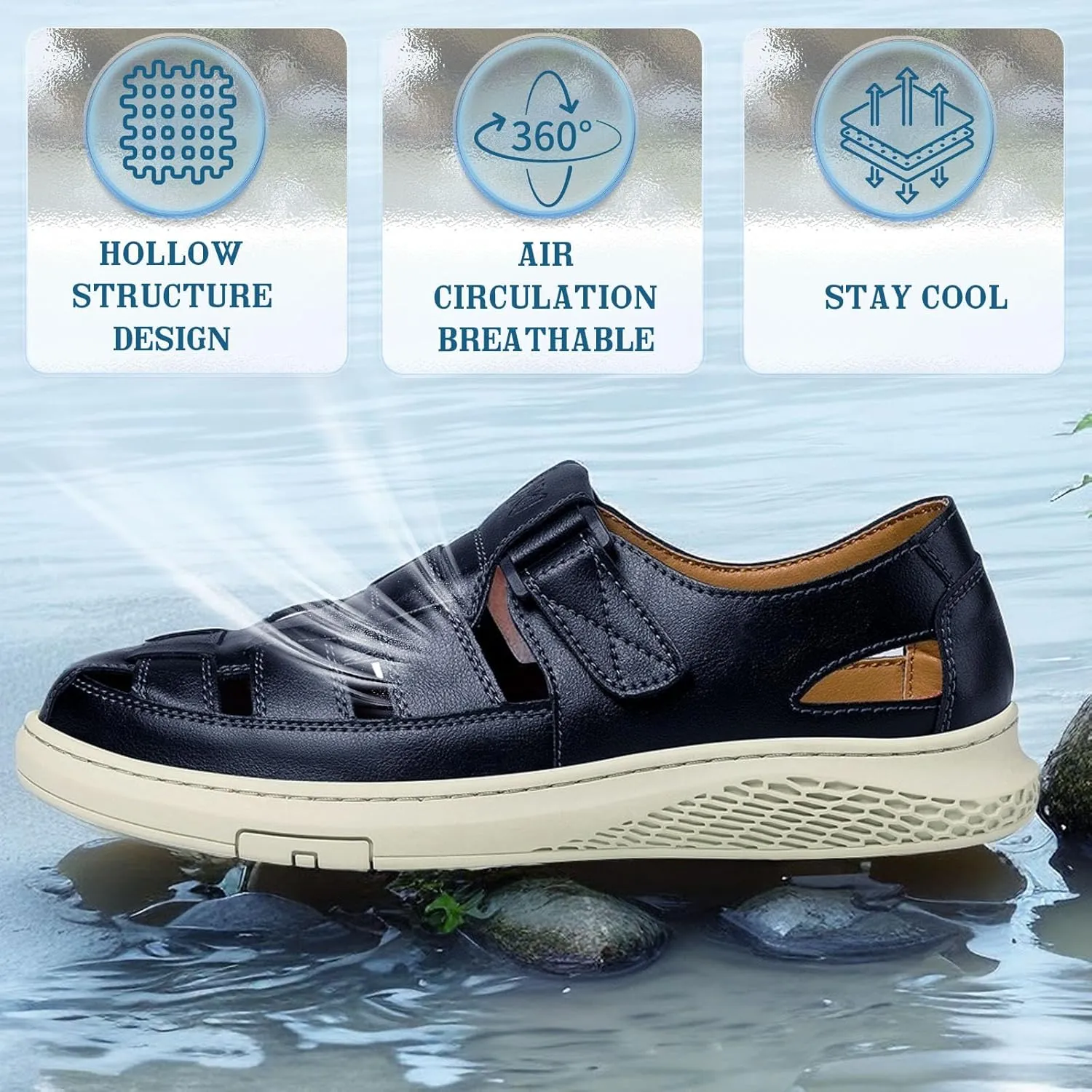 Qiucdzi Men's Sport Sandals Leather Closed Toe Sandal Breathable Outdoor Fisherman Shoes Adjustable Summer Beach Shoes for Hiking Walking