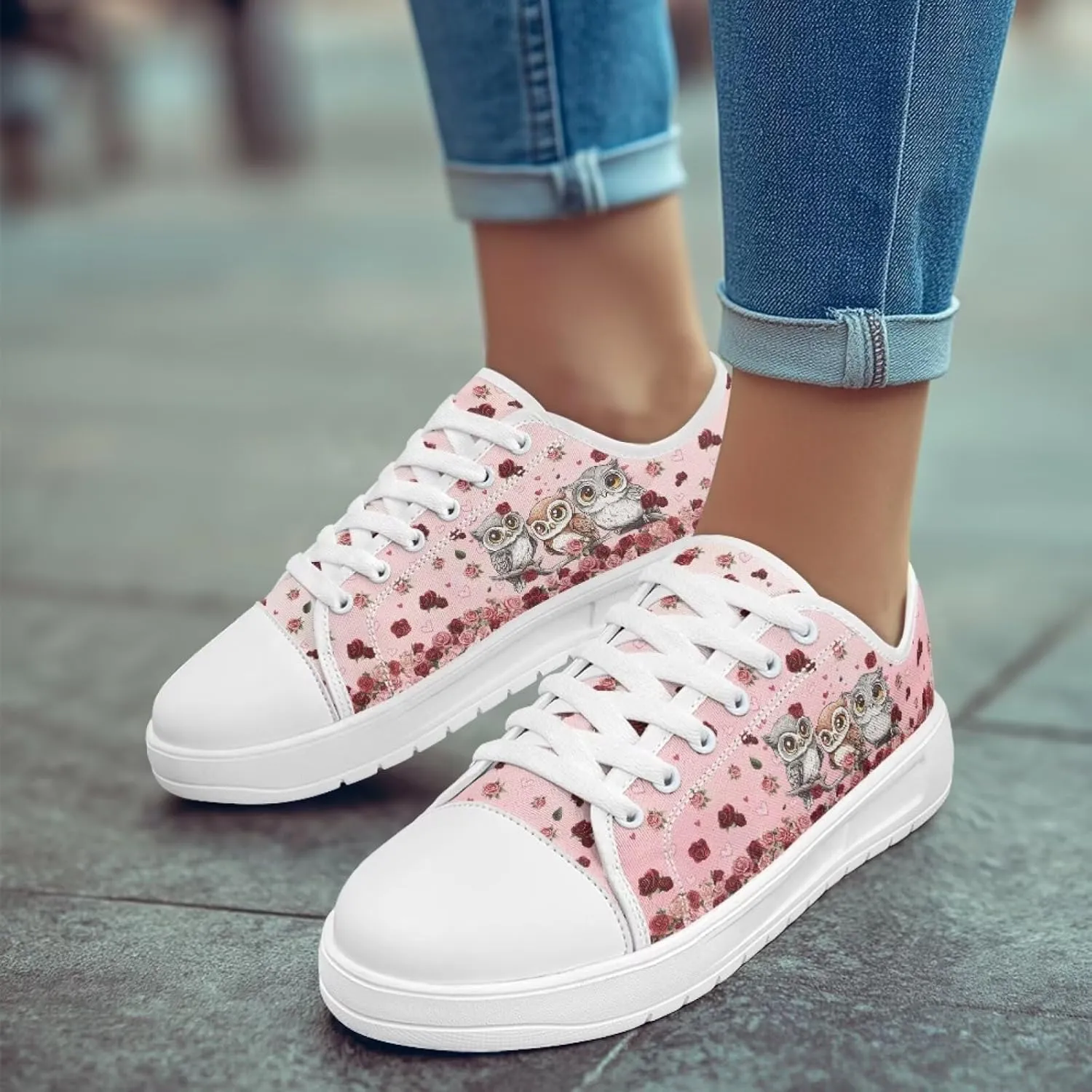 Red Rose Girls Canvas Sneakers Casual Work Animal Print Slip On Tennis Shoes Arch Support Footwear with White Sole