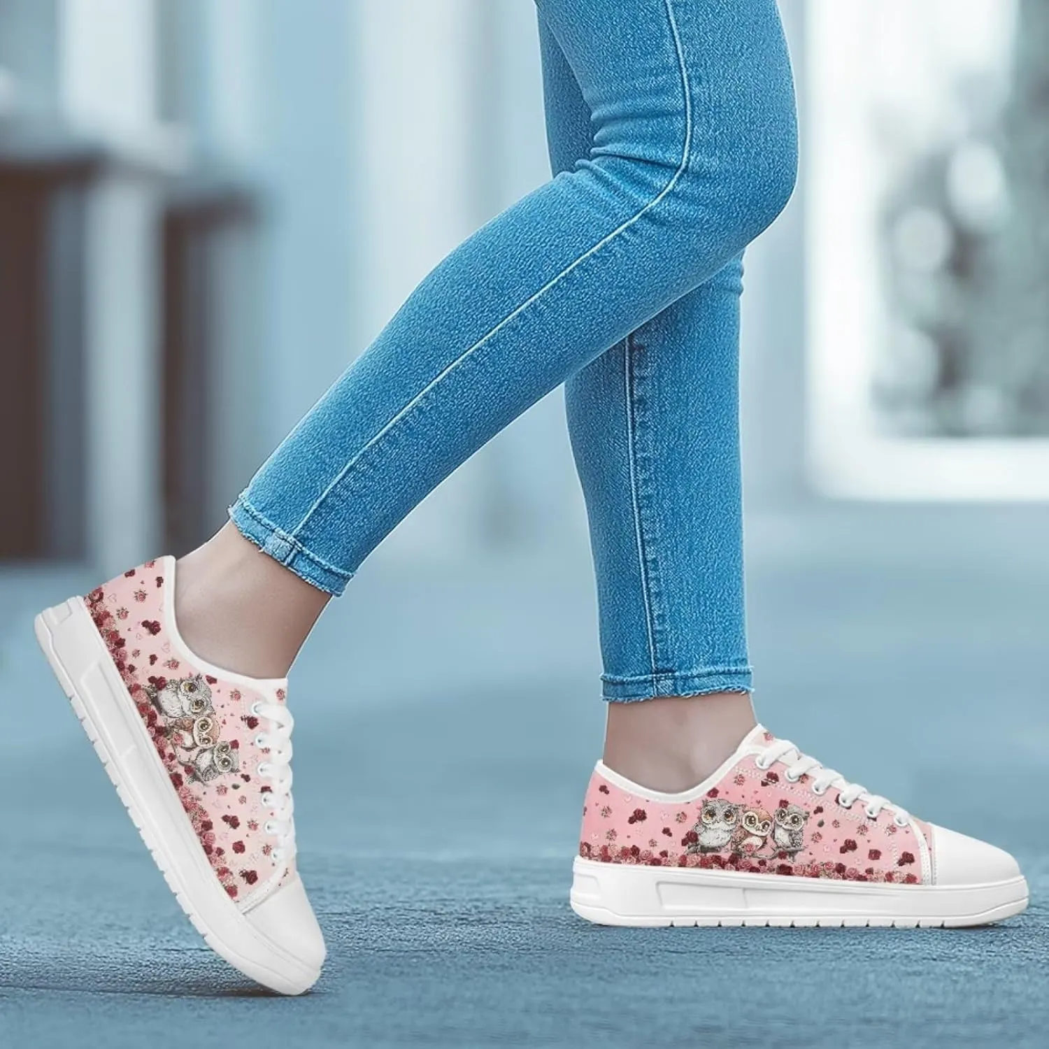 Red Rose Girls Canvas Sneakers Casual Work Animal Print Slip On Tennis Shoes Arch Support Footwear with White Sole