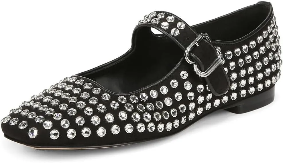 Rhinestone Flats for Women Studded Ballet Flats Sparkly Square Toe Buckle Strap Ballerina Mary Jane Shoes