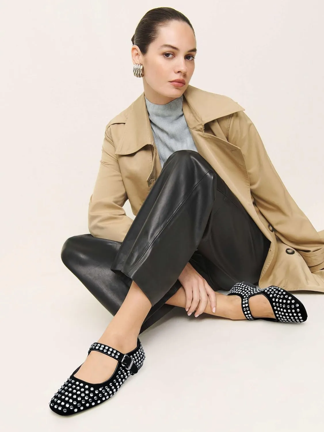 Rhinestone Flats for Women Studded Ballet Flats Sparkly Square Toe Buckle Strap Ballerina Mary Jane Shoes