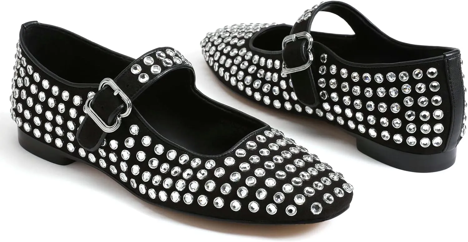 Rhinestone Flats for Women Studded Ballet Flats Sparkly Square Toe Buckle Strap Ballerina Mary Jane Shoes