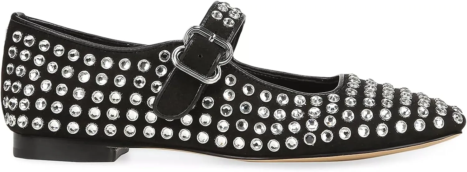 Rhinestone Flats for Women Studded Ballet Flats Sparkly Square Toe Buckle Strap Ballerina Mary Jane Shoes