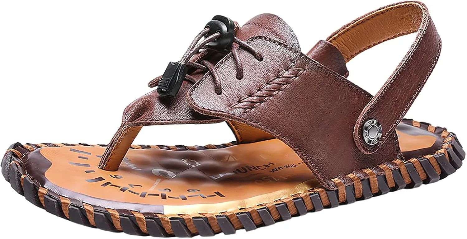 rismart Men Leather Sandals Clip Toe Adjustable Handmade Summer Beach Shoes for Walking Hiking