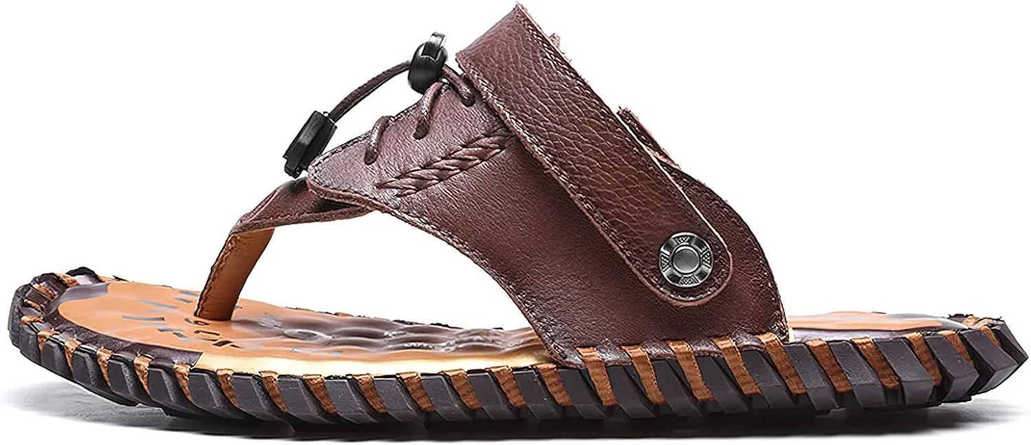 rismart Men Leather Sandals Clip Toe Adjustable Handmade Summer Beach Shoes for Walking Hiking
