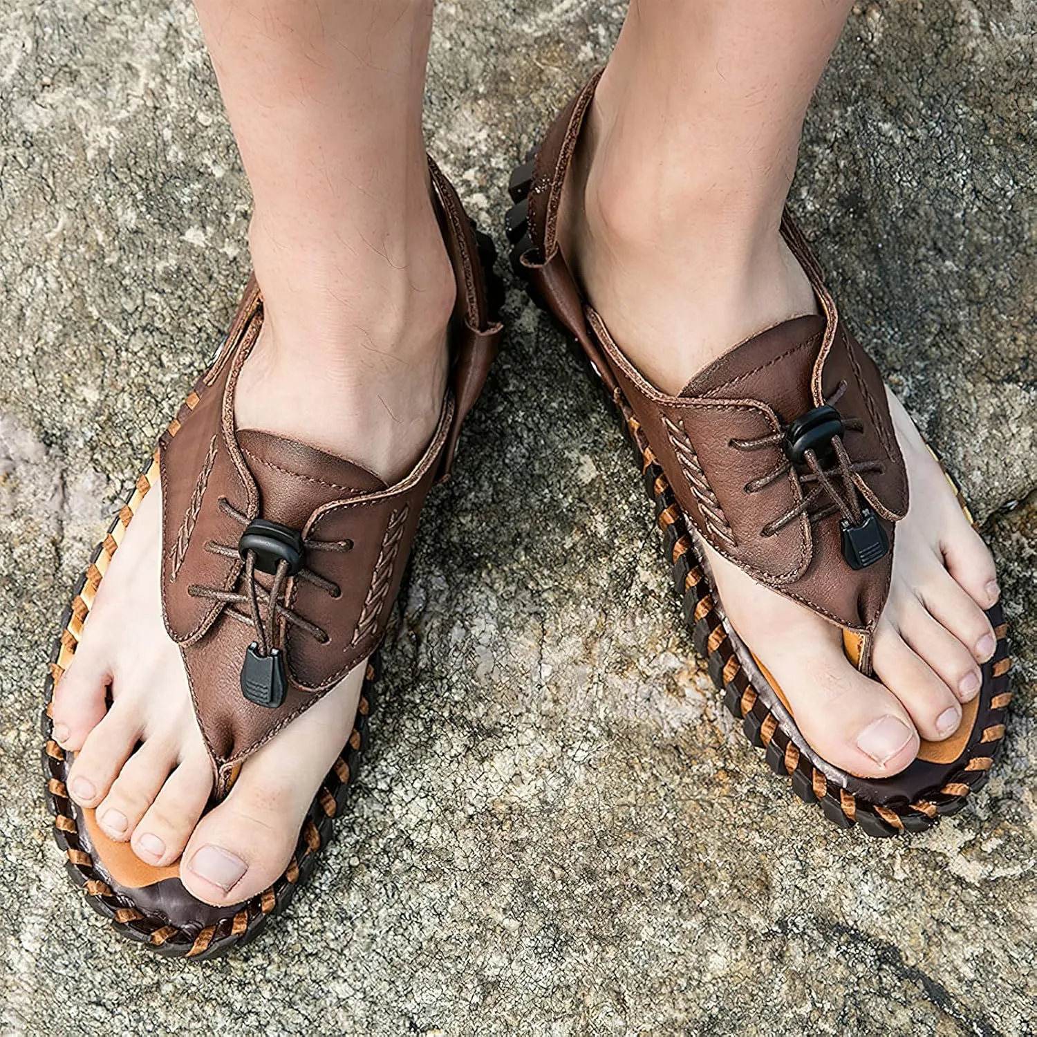rismart Men Leather Sandals Clip Toe Adjustable Handmade Summer Beach Shoes for Walking Hiking