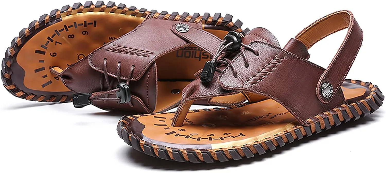 rismart Men Leather Sandals Clip Toe Adjustable Handmade Summer Beach Shoes for Walking Hiking