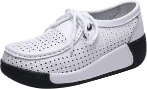 rismart Women's Lace-up Fashion Sneakers Leather Platform Casual Walking Shoes