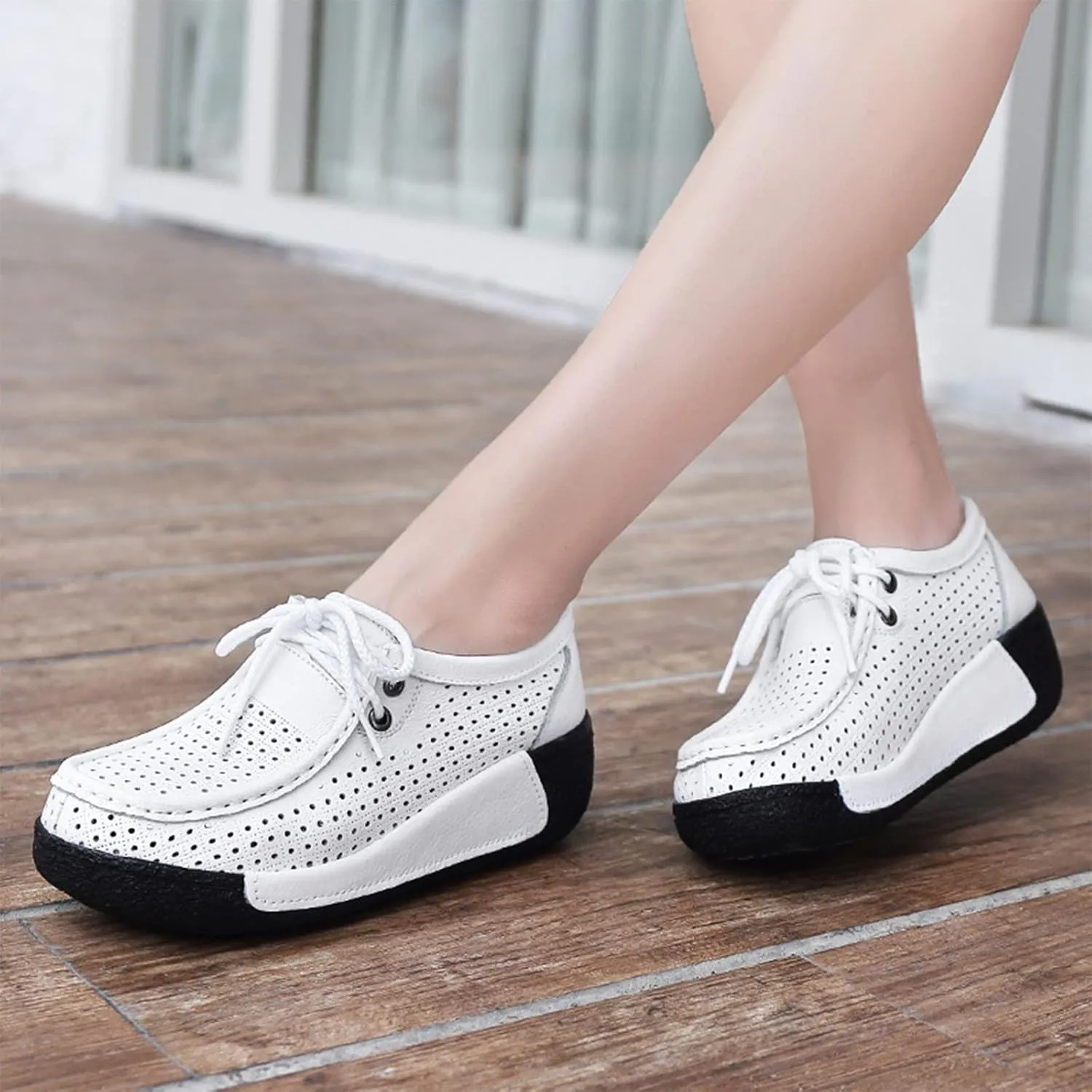 rismart Women's Lace-up Fashion Sneakers Leather Platform Casual Walking Shoes