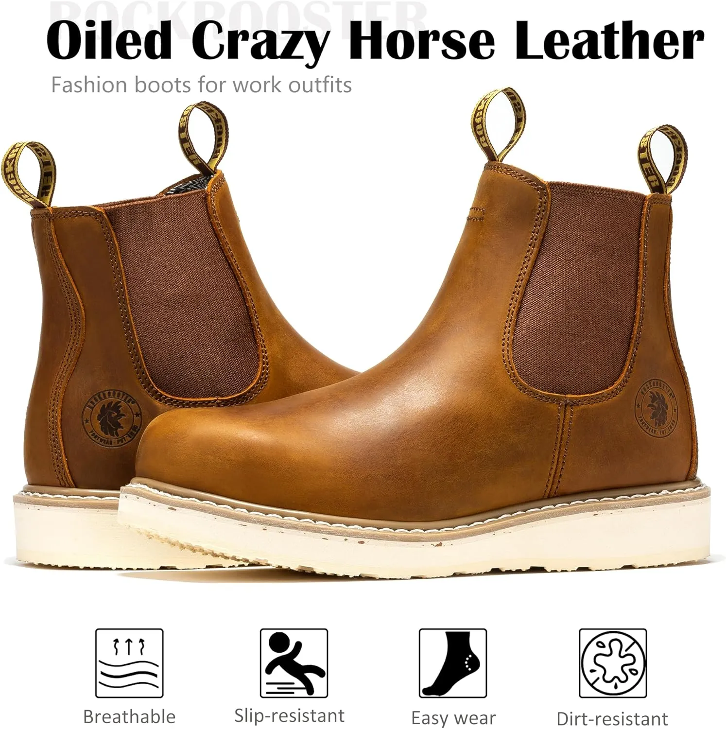 ROCKROOSTER Capitola Steel Toe Slip On Work Boots for Men, 6" Chelsea Wedge Work Boots, Traction Lug Rubber Outsole, 100% Leather, Anti-Fatigue, Breathable, ASTM F2413-18 M/I/C EH, SAP101ST, SAP102ST