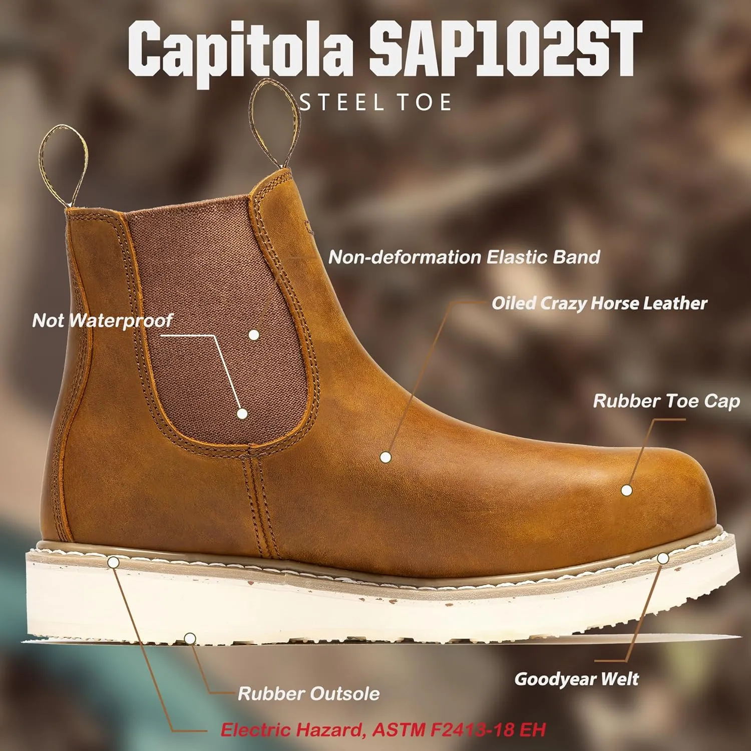 ROCKROOSTER Capitola Steel Toe Slip On Work Boots for Men, 6" Chelsea Wedge Work Boots, Traction Lug Rubber Outsole, 100% Leather, Anti-Fatigue, Breathable, ASTM F2413-18 M/I/C EH, SAP101ST, SAP102ST