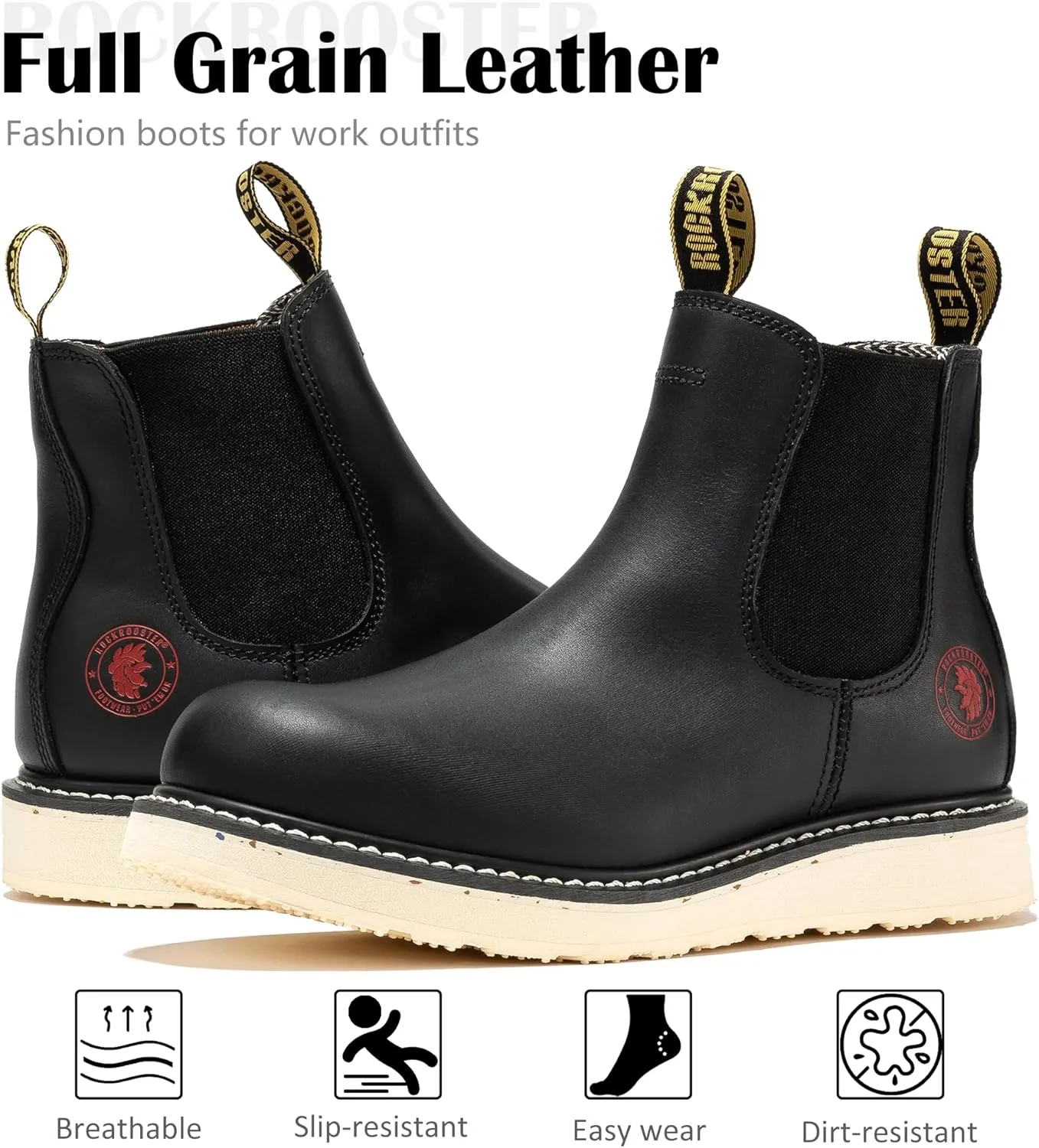 ROCKROOSTER Capitola Steel Toe Slip On Work Boots for Men, 6" Chelsea Wedge Work Boots, Traction Lug Rubber Outsole, 100% Leather, Anti-Fatigue, Breathable, ASTM F2413-18 M/I/C EH, SAP101ST, SAP102ST