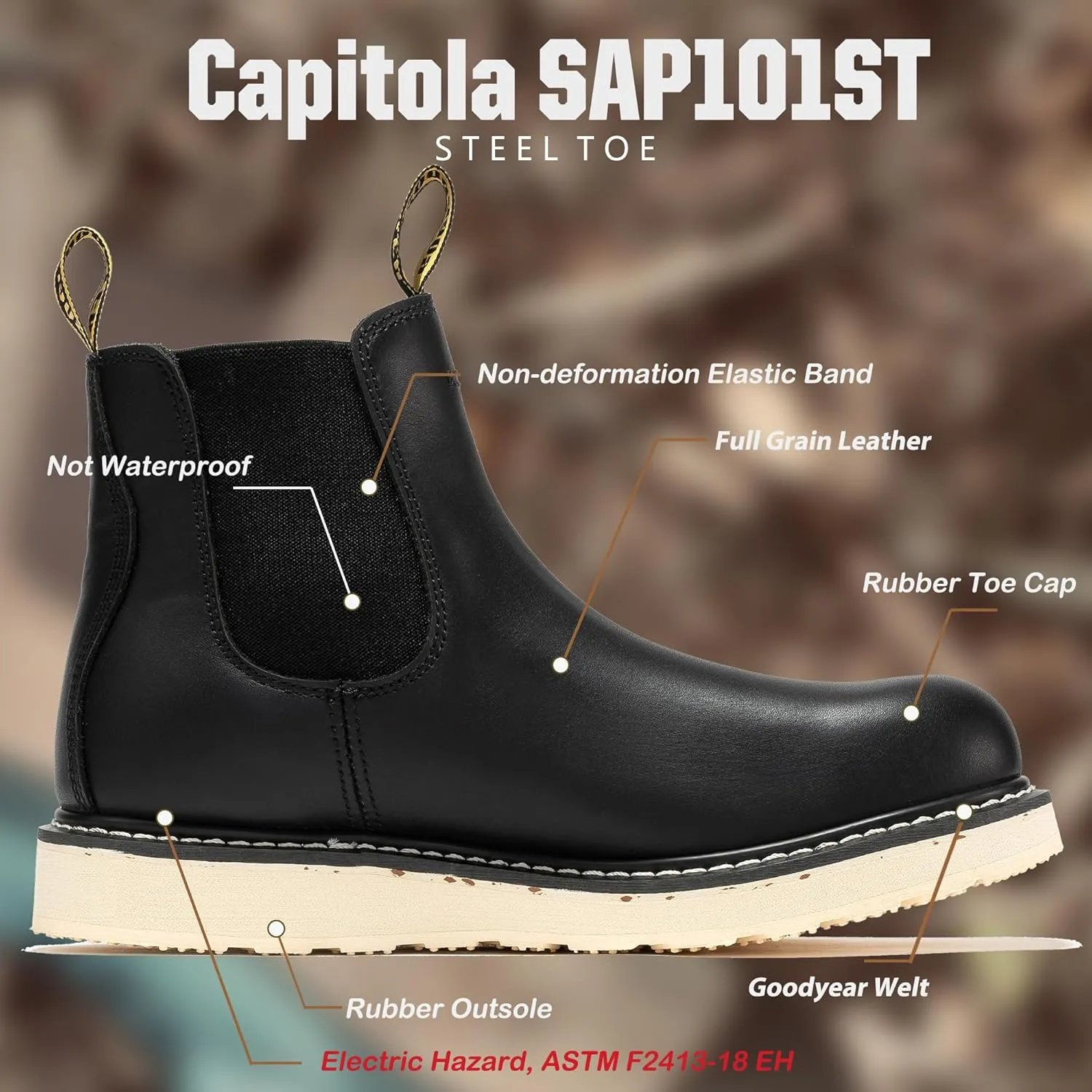 ROCKROOSTER Capitola Steel Toe Slip On Work Boots for Men, 6" Chelsea Wedge Work Boots, Traction Lug Rubber Outsole, 100% Leather, Anti-Fatigue, Breathable, ASTM F2413-18 M/I/C EH, SAP101ST, SAP102ST