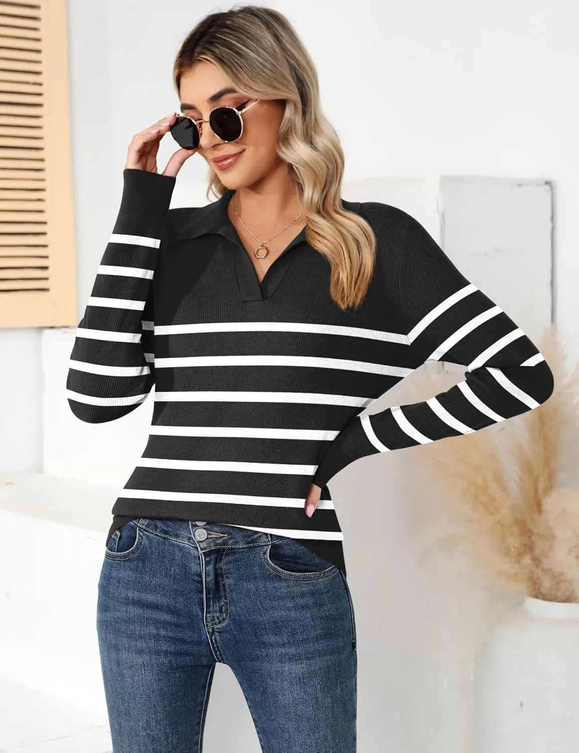 Romanstii Women's Knitted Collared Sweaters Long Sleeve V-Neck Polo Shirts Winter Pullover Tops