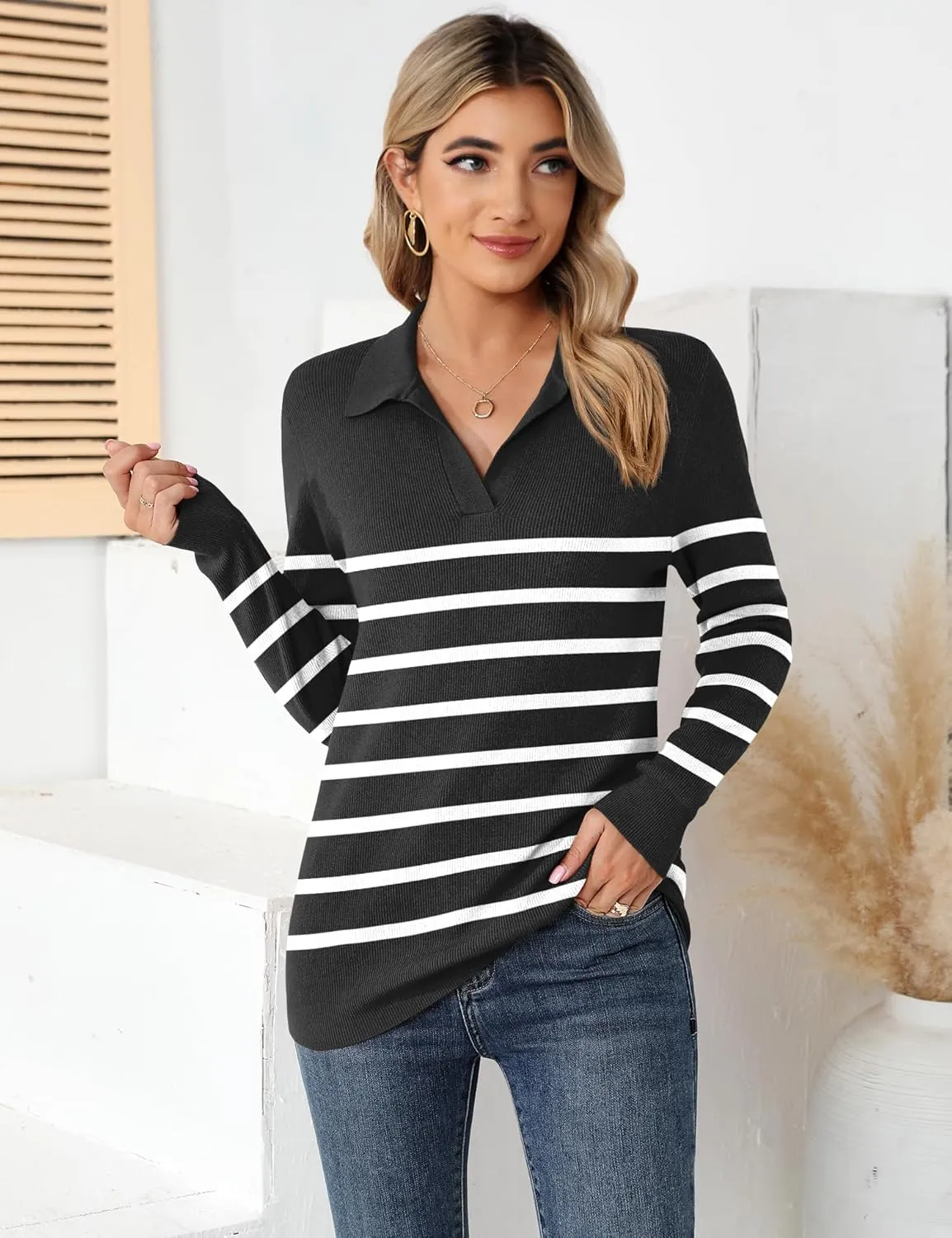 Romanstii Women's Knitted Collared Sweaters Long Sleeve V-Neck Polo Shirts Winter Pullover Tops