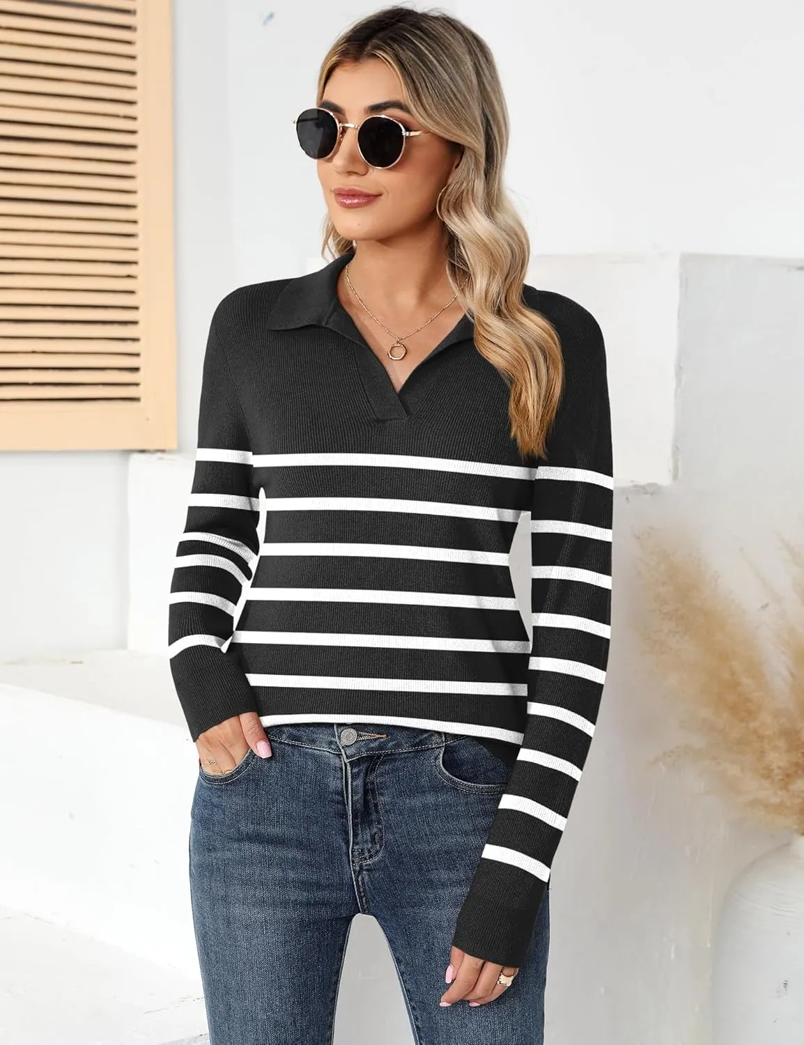 Romanstii Women's Knitted Collared Sweaters Long Sleeve V-Neck Polo Shirts Winter Pullover Tops