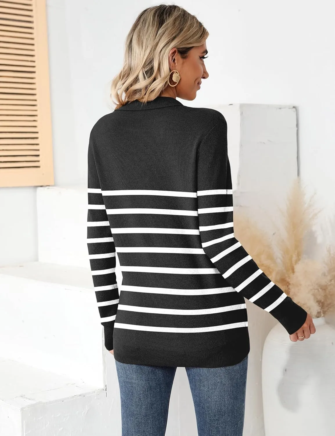 Romanstii Women's Knitted Collared Sweaters Long Sleeve V-Neck Polo Shirts Winter Pullover Tops