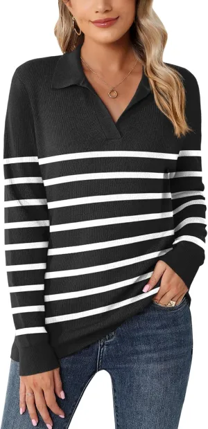 Romanstii Women's Knitted Collared Sweaters Long Sleeve V-Neck Polo Shirts Winter Pullover Tops