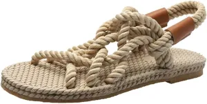 Rungion Women's Comfortable Rope Sandals Straw Braided Criss-Cross Slide Strappy Walking Sandals Outdoor Summer Beach Slipper Shose