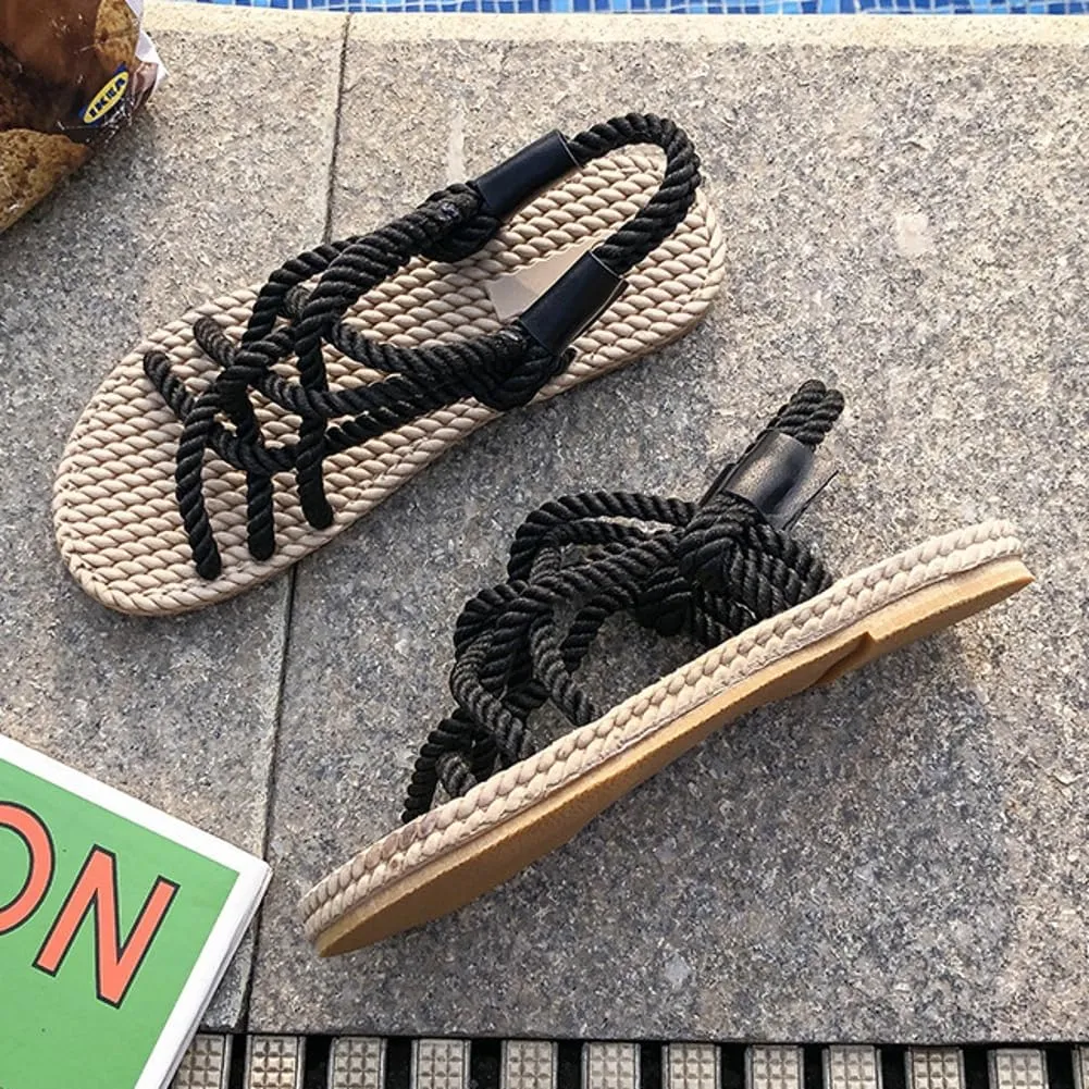 Rungion Women's Comfortable Rope Sandals Straw Braided Criss-Cross Slide Strappy Walking Sandals Outdoor Summer Beach Slipper Shose