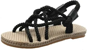 Rungion Women's Comfortable Rope Sandals Straw Braided Criss-Cross Slide Strappy Walking Sandals Outdoor Summer Beach Slipper Shose