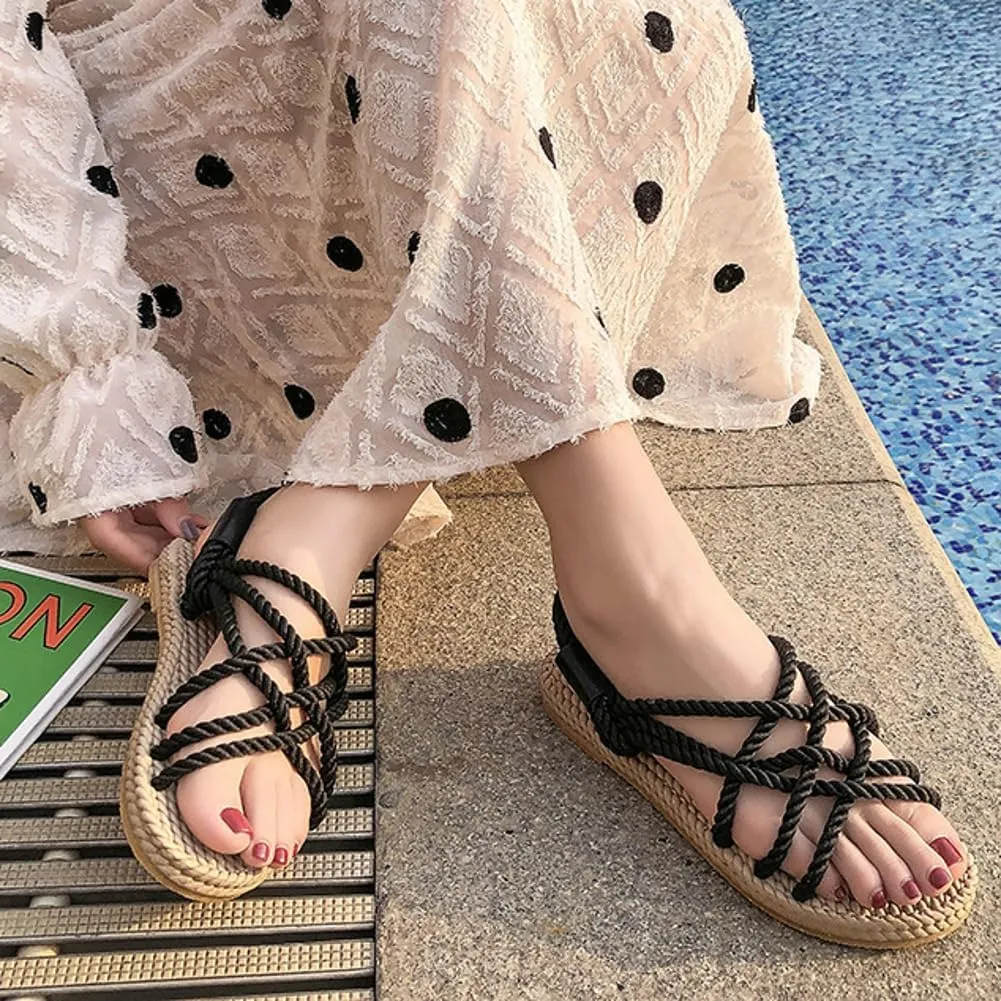 Rungion Women's Comfortable Rope Sandals Straw Braided Criss-Cross Slide Strappy Walking Sandals Outdoor Summer Beach Slipper Shose