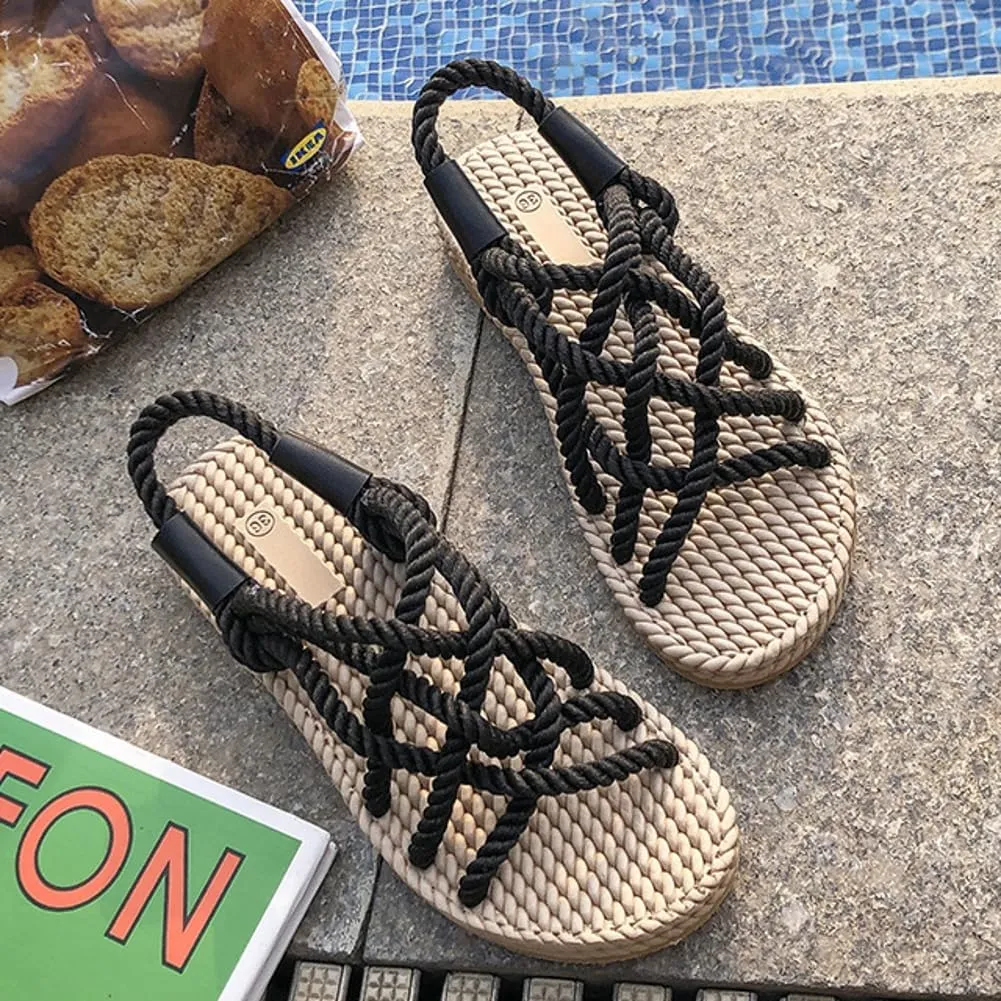 Rungion Women's Comfortable Rope Sandals Straw Braided Criss-Cross Slide Strappy Walking Sandals Outdoor Summer Beach Slipper Shose