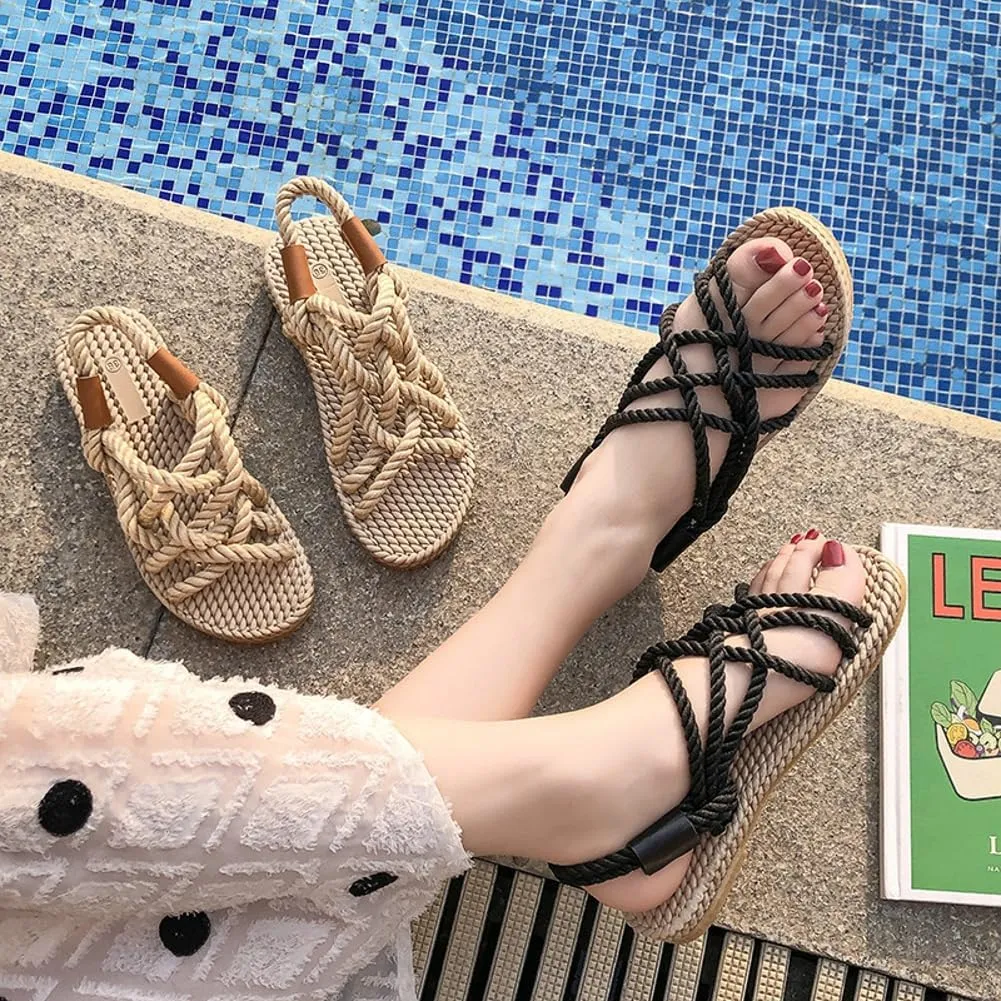 Rungion Women's Comfortable Rope Sandals Straw Braided Criss-Cross Slide Strappy Walking Sandals Outdoor Summer Beach Slipper Shose