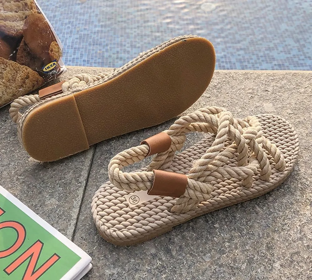 Rungion Women's Comfortable Rope Sandals Straw Braided Criss-Cross Slide Strappy Walking Sandals Outdoor Summer Beach Slipper Shose