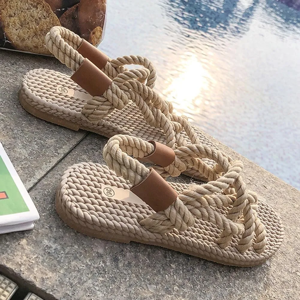 Rungion Women's Comfortable Rope Sandals Straw Braided Criss-Cross Slide Strappy Walking Sandals Outdoor Summer Beach Slipper Shose
