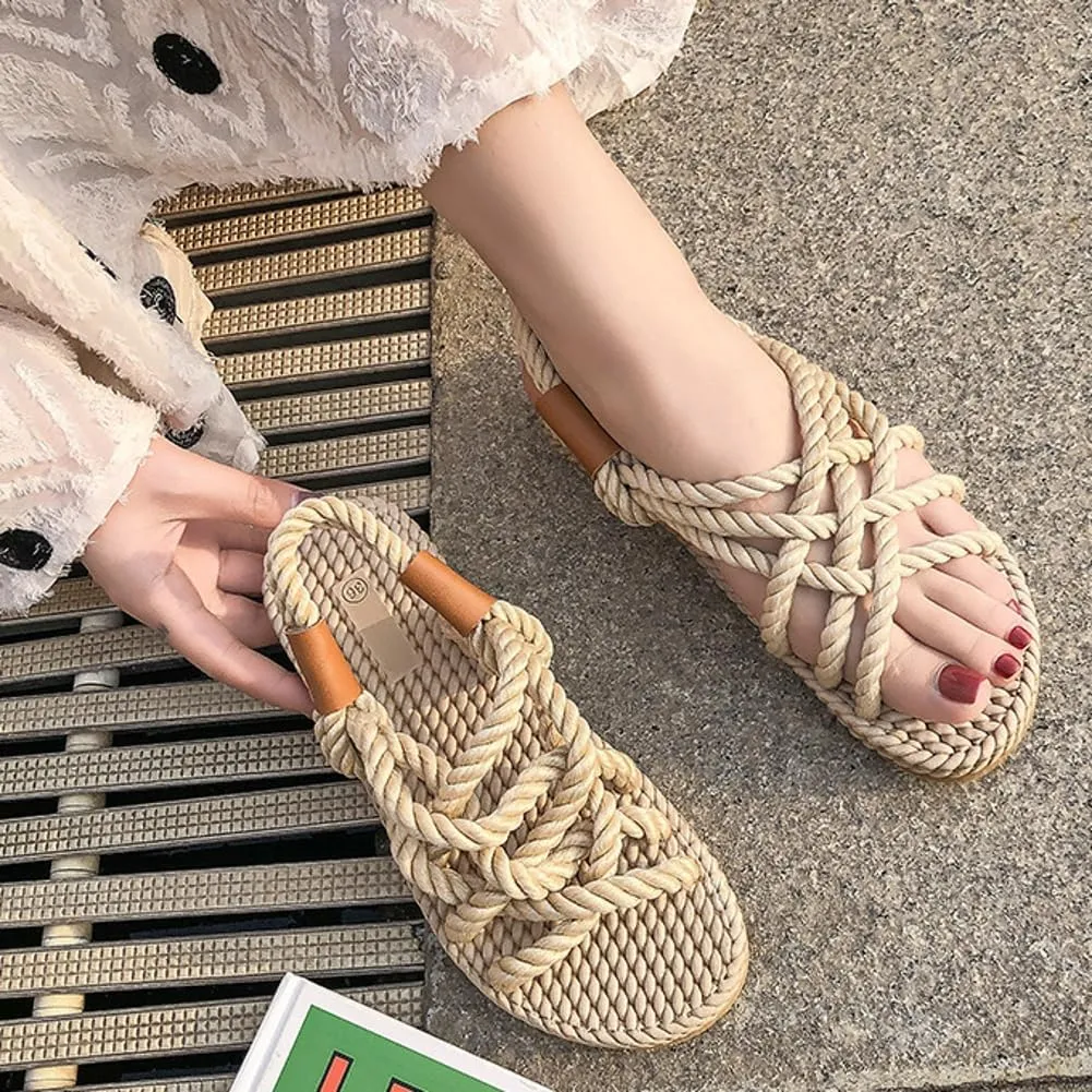 Rungion Women's Comfortable Rope Sandals Straw Braided Criss-Cross Slide Strappy Walking Sandals Outdoor Summer Beach Slipper Shose