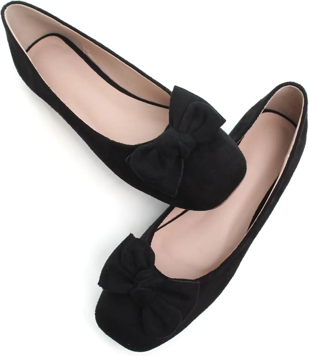 SAILING LU Cute Bow Black Ballet Flats Suede Dress Shoes for Women Comfortable Dressy Square Toe Walking Flats Shoes Slip Ons Business Casual
