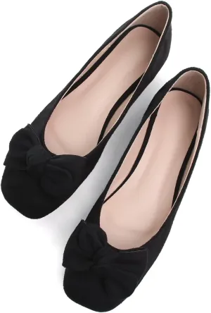SAILING LU Cute Bow Black Ballet Flats Suede Dress Shoes for Women Comfortable Dressy Square Toe Walking Flats Shoes Slip Ons Business Casual