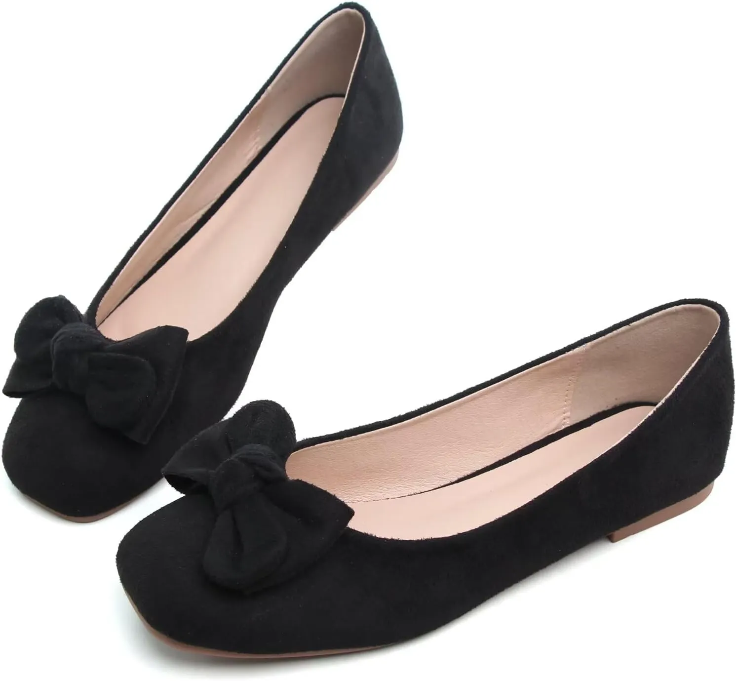 SAILING LU Cute Bow Black Ballet Flats Suede Dress Shoes for Women Comfortable Dressy Square Toe Walking Flats Shoes Slip Ons Business Casual